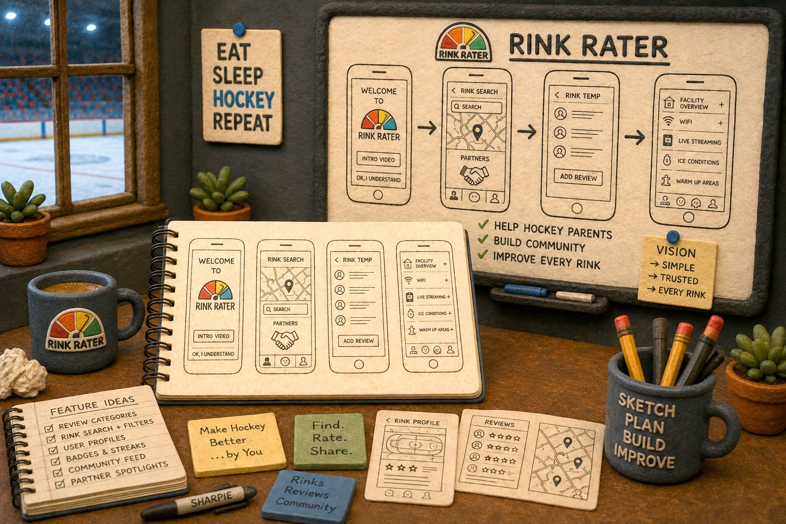 Desk covered in hand-drawn Rink Rater wireframes, sketchbooks, and feature idea notes.